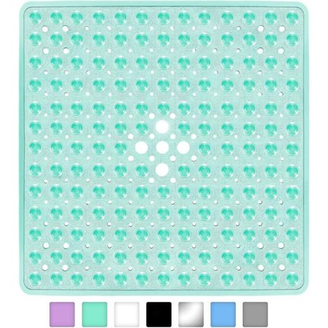 Tapis de douche 53 cm x 53 cm pour baignoire, tapis de bain carré, antidérapant avec trous de drainage, ventouses, sans BPA, latex, sans phtalates, lavable en machine, vert clair (1/5)