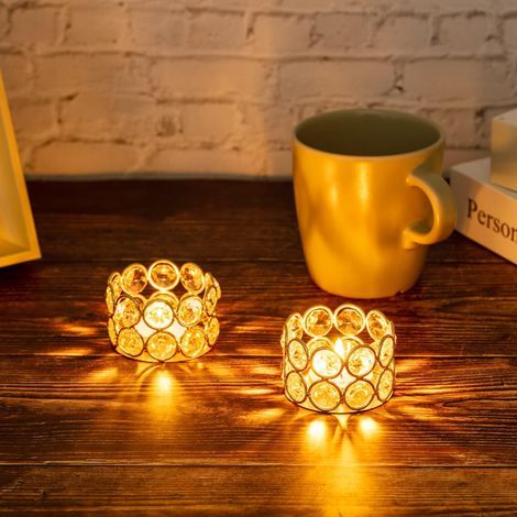 Goldene Kristall-Teelichthalter (8 Stück), schalenförmige Kerzenhalter, dekorative zylindrische rautenförmige Kerzenhalter, Tischdekorationen für Hochzeiten, Partys und dekorative Accessoires. (1/5)
