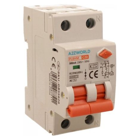 RCBO Doppia Leva, Interruttore Magnetotermico Differenziale Tipo AC Curva C 1P+N 2M 6000A 300mA C20A AC 230V IP20 IEC61009-1 PL8HM