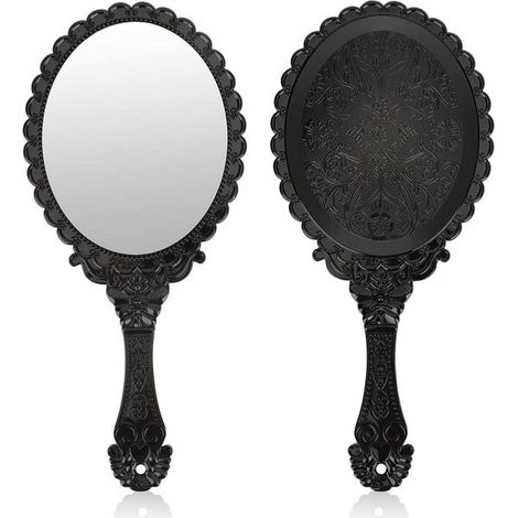 Miroir de maquillage - 2 pièces - Miroir à main avec poignée - Compact - Pratique - Surface miroir - Miroir de voyage - Miroir Vintage portable avec poignée - Pour les voyages - 25 x 12 cm - Zwart (1/5)