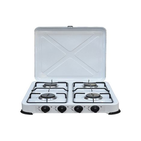 Réchaud à gaz 4 feux en acier émaillé blanc 4,4 kW – Pieds antidérapants pour stabilité – Dimensions 49 x 50 x 11 cm – Camping et pique-nique