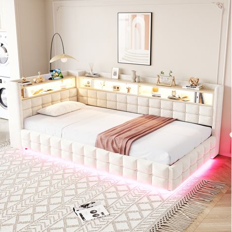 Lit banquette rembourré 90x200 cm moderne beige avec tête de lit, coffre hydraulique, étagères bois, LED, USB et Type-C (1/5)