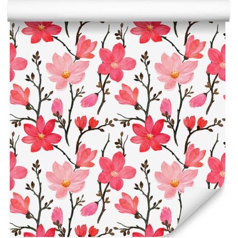 Papier peint Fleurs corail, blanc, gris clair et gris 50x1000 cm (1/5)