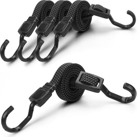 Set mit 4 verstellbaren Gummi-Bungee-Seilen (mit Haken/Karabinern) Extra starke Gepäck-Bungee-Seile für Auto, Fahrrad, Camping, Reisen - 100 cm - Schwarz (Bungee-Seile mit Haken)