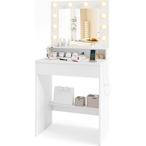 COSTWAY Vanity Desk Modern Dressing Table with Mirror and Lights-White (1/5)