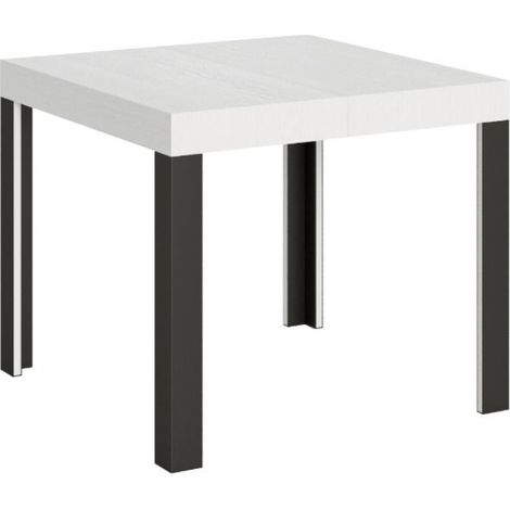 Petite table carrée 90/90 cm extensible 10 personnes 90 à 246 cm blanc et pieds métal gris foncé Liva (1/5)