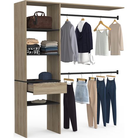 Idmarket – Kit dressing MELINE 160 x 40 x 180 cm hêtre – 4 étagères noires – double penderie 2 niveaux – tiroir de rangement