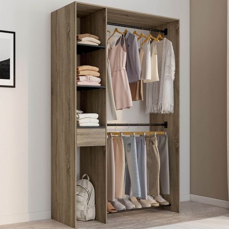 Armario doble MIRTY de 110 cm de ancho con estantes + cajón + zapatero, haya y negro (1/5)