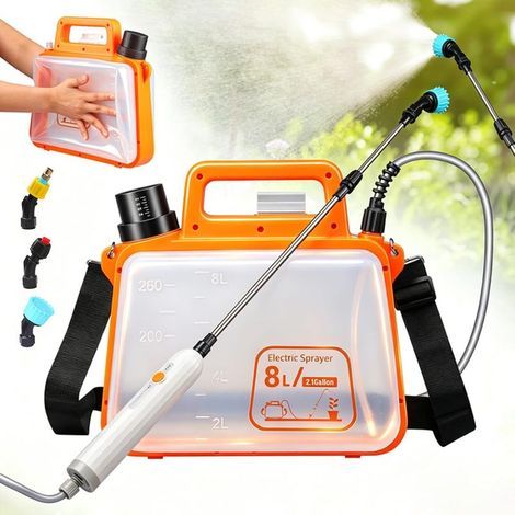 Pulvérisateur Électrique 8L avec Poignée Étanche. Batterie Lithium 2500mAh. 3 Buses & Lance Télescopique. Réservoir Pliable Orange – Traitements Phytosanitaires & Engrais Liquides (1/5)