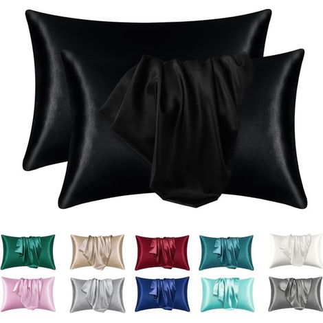 Set di 2 federe in raso 51×76 cm - alternativa alla seta - protettive per i capelli - nere (1/4)