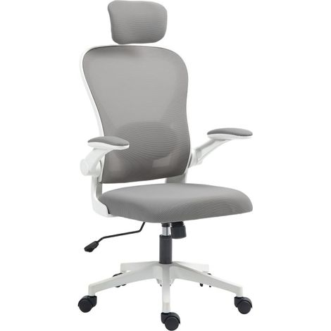 Chaise de bureau ergonomique grise en tissu, appui-tête et soutien lombaire réglables, accoudoirs relevables, bascule et roulettes, pour télétravail  CHICFURN (1/5)