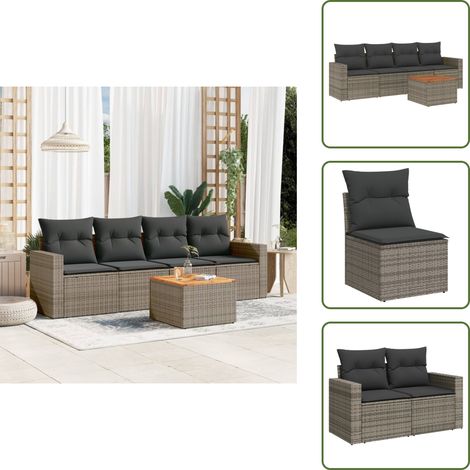 5-tlg. Garten-Sofagarnitur mit Kissen Grau Poly Rattan - Gartenmöbel - Esszimmergarnituren - Outdoor Möbel - Lounge Set - Rattan Gartenmöbel (1/5)
