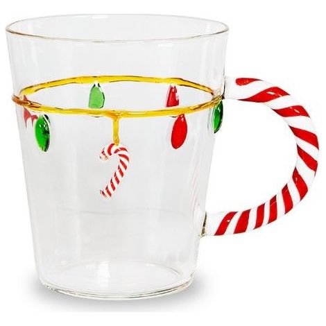 Mug in Vetro Borosilicato 425 ml con Manico Bastoncino di Zucchero e Decoro Luci di Natale Wd Lifestyle