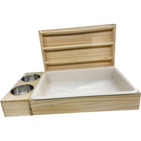 Wooden Hay Rack, 3 in 1 Rabbit Hay Feeder, Rabbit Hay Dispenser with Bowls, Cage Accessory, Litter Tray, Guinea Pig, Gerbil Feeder, Dwarf Hamster (1/5)