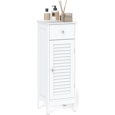 Meuble Salle de Bain sur Pied avec Étagère Réglable 3 Niveaux, Tiroir et Porte à Persiennes, pour Salon, Cuisine et Couloir, 32x30x88cm, Blanc (1/5)