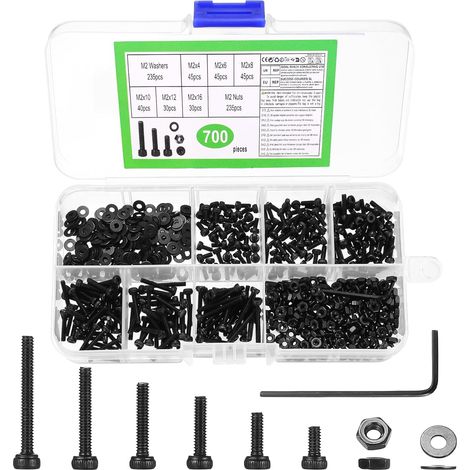 700 Pcs Vis M2 Noir, Boulons et Écrous Noirs, Petits Boulon à Tête Cylindrique à Six Pans et Rondelles, Vis à Tête Creuse Hexagonale en Acier Inoxydable pour Réparation de Vélos et Motos (1/5)