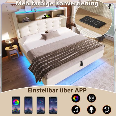 Lit en lin beige 140x200 cm, design flottant avec tête de lit LED lumineuse, rangement hydraulique et tiroirs, ports USB et Type-C, livré sans matelas