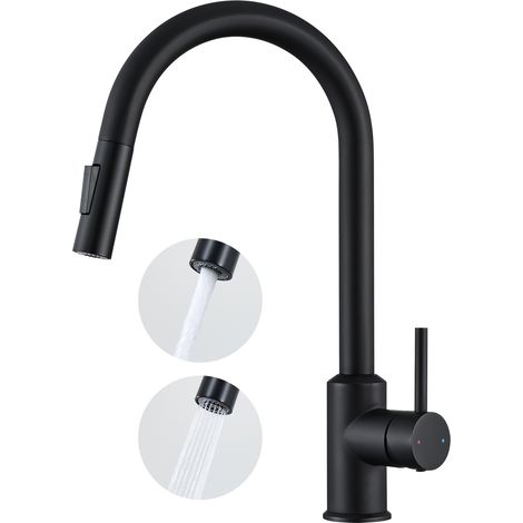 Anycee Max Grifo mezclador de cocina con rociador extraíble - Grifo mezclador giratorio de 360° para fregadero de acero inoxidable - 2 modos de salida de agua - Negro (1/5)
