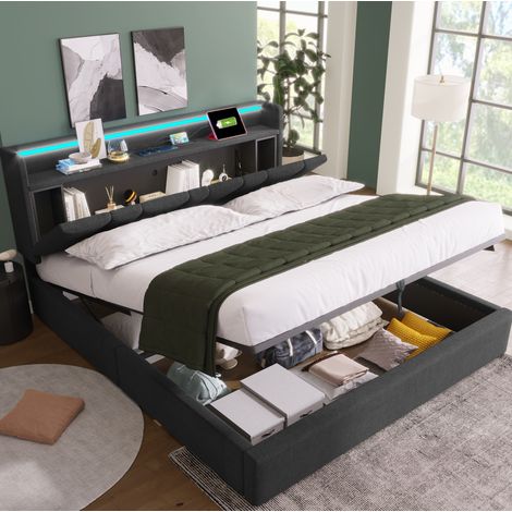 CHICFURN Letto 160x200 cm in lino grigio con contenitore, LED e USB, senza materasso (1/5)
