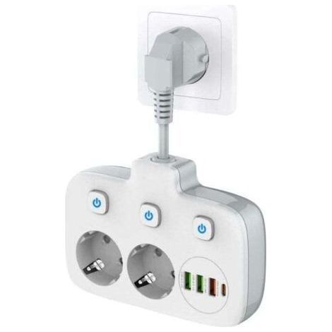 Multiprise à interrupteur unique 2 compartiments, multiprise avec 3 interrupteurs, double fiche murale avec 4 USB,adaptateur de prise avec protection contre les surtensions, sécurité enfant (1/4)