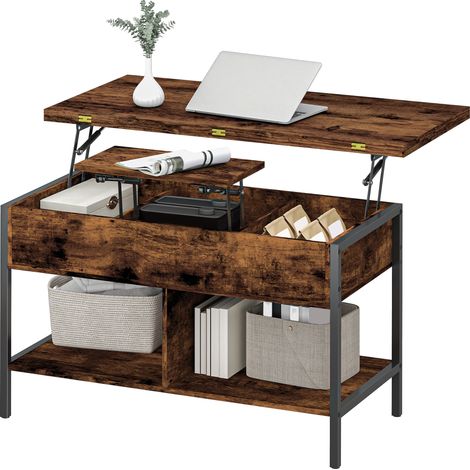 Table basse relevable extensible avec rangement caché et étagères, 98x49x55cm, brun rustique (1/5)