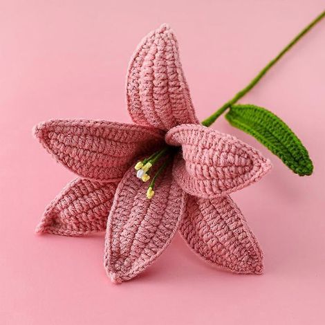 fleur artificielle de lys au crochet, décoration intérieure, cadeau d'anniversaire, en coton tissé à la main.rose foncé (1/5)