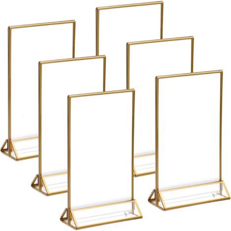 6-teiliger Acryl-Tischaufsteller mit Goldrand. Transparenter Menükartenhalter. Doppelseitiger Menükarten-Posterhalter. Tischaufsteller für Bilderrahmen und Hochzeitsmenüs. (1/4)
