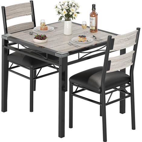 Ensemble Table à Manger 3 Pièces pour 2 Personnes - Table de Cuisine et 2 Chaises Rembourrées - Style Industriel - Gris (1/5)
