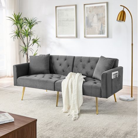 Canapé 2 places gris en velours avec dossier réglable et 2 coussins (1/5)