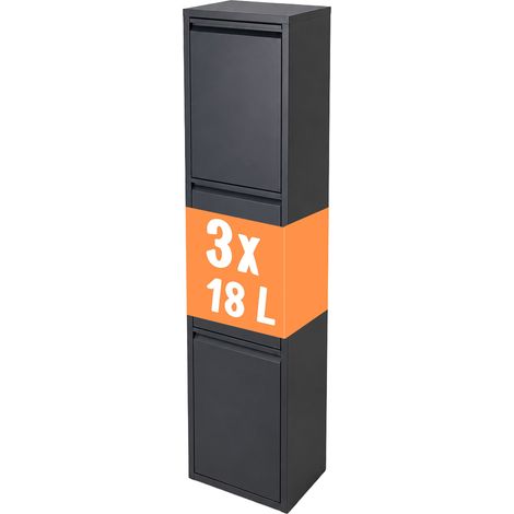 Relaxdays Mülleimer, 3 Fächer, 3x18 l, aufklappbar, entnehmbare Inneneimer, Metall, stehend oder Wandmontage, anthrazit