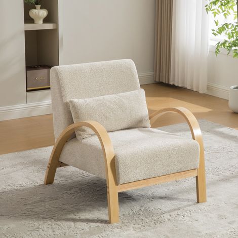 Fauteuil lounge scandinave tissu chenille structure bois salon chambre couleur beige 70,5x82,5x80,5cm (1/5)
