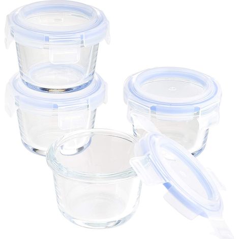 ABL001 Lot de 8 récipients de rangement en verre, 120 ml, 4 unités (1 paquet), transparents avec couvercles bleus