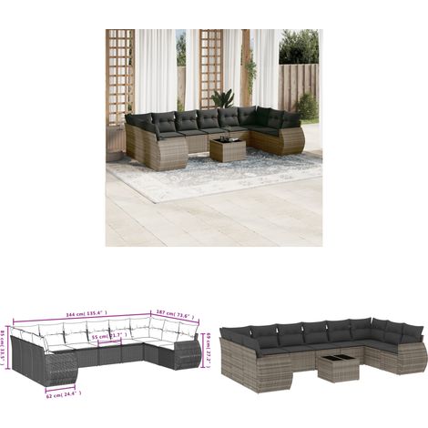 11-tlg. Garten-Sofagarnitur mit Kissen Grau Poly Rattan - Gartenmöbel Set - PE-Rattan Möbel - Outdoor Lounge - Esstisch Set - Gartenlounge - Home & Living (1/3)