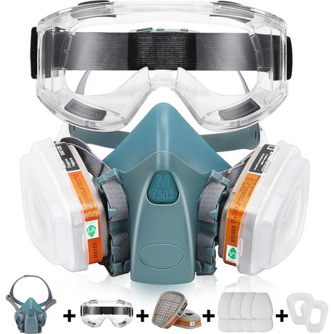 Half Facepiece Respirator, Reusable Chemicals Respirator with 8Pcs Filter Cottons and Goggle for Painting,Gas (1/5)
