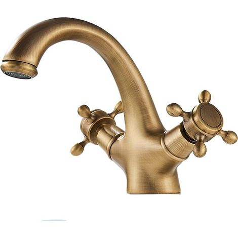 Robinet d'évier de salle bain en antique vintage avec poignée croix Design et trous plaque unique laiton (1/4)