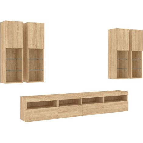 Conjunto de muebles mueble aparador TV televisión salón dormitorio salón pared x 7 piezas y luces LED roble sonoma marrón 020025373