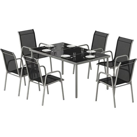 Outsunny Set Giardino 7 Pezzi, 6 Sedie Impilabili, Argento Nero (1/5)