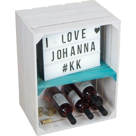 Regalkiste Johanna weiß lasiert mit türkisem Querbrett (1/4)