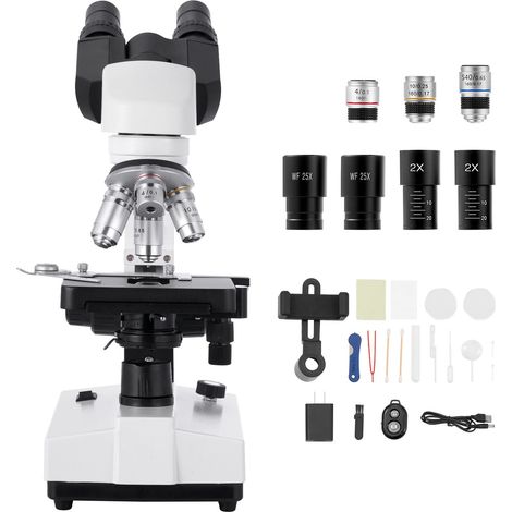 Microscope binoculaire professionnel pour adultes, grossissement 40-5000X, corps en alliage d'aluminium, éclairage LED, support téléphone inclus. (1/5)