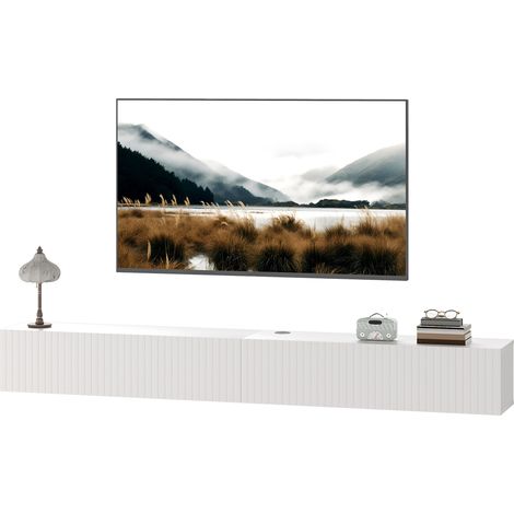Meuble TV suspendu 180cm, meuble télé pour téléviseur 72 pouces, 2 portes rabattables, 180x25x22cm, blanc (1/5)