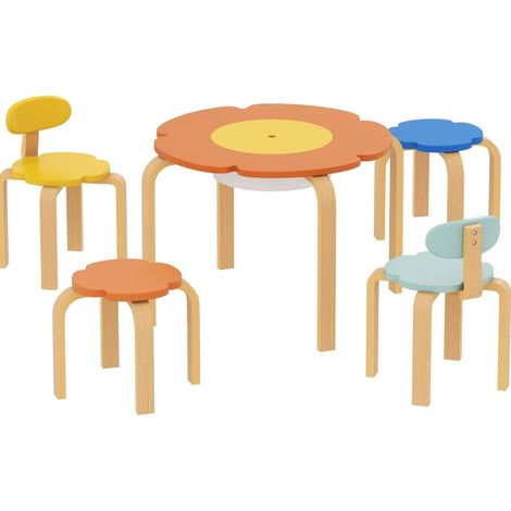 Set infantil de mesa y 4 sillas con almacenaje en forma de flor de madera multicolor HOMVRA (1/5)