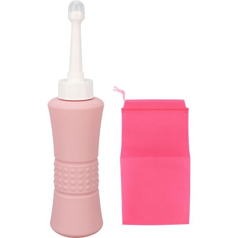 Bidon de Toilette Portable 500ML pour Soins Postpartum, Voyage et Usage Multi-Fonctions avec Sac de Rangement et Embout Droit Rose (1/5)
