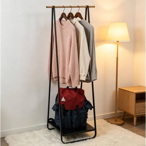 Meuble rangement portant à vêtements métal bois noir HAVRYA (1/4)