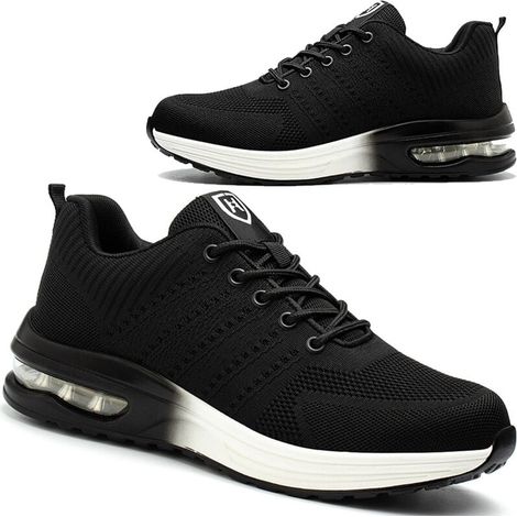 Zapatos de seguridadZapatos de seguridad para hombre y mujer, zapatillas de seguridad ligeras y transpirables, zapatos de trabajo cómodos con puntera de acero, color negro y blanco, talla 38 (1/5)