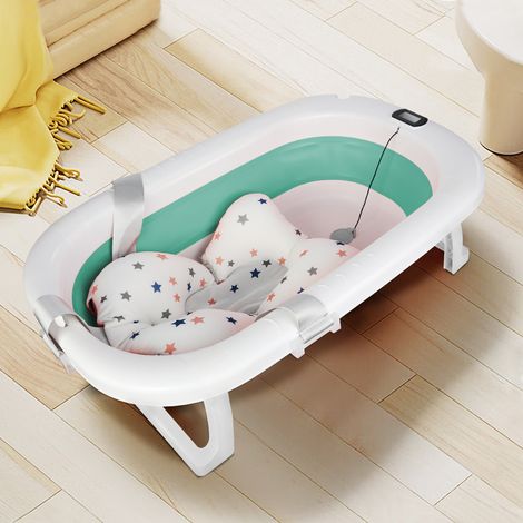 Bañera plegable para bebé con termómetro, cojín, alfombrilla antideslizante y orificios de drenaje. Ideal para recién nacidos y niños pequeños (verde). (1/5)