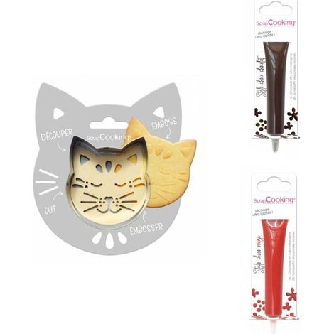 Kit pour biscuit en relief Chat + 2 Stylos au chocolat marron et rouge