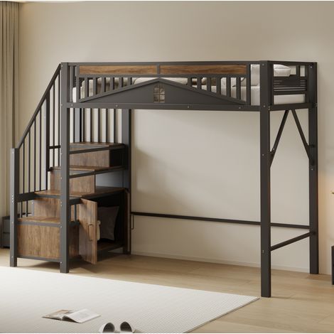 MEUBLIV Cama alta 90x200 cm negra – escalera con almacenaje, sin colchón (1/5)