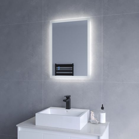 Beleuchteter Badspiegel LED Lichtspiegel 50x70cm ECHOS Typ B Touch Sensor Dimmbar Spiegelheizung Kaltweiß 6400K AQUABATOS (1/5)