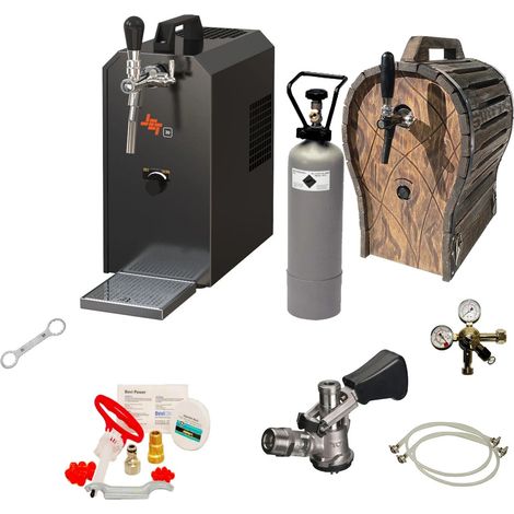 Komplett Set - Zapfanlage JET 30 Bierkoffer, Bierzapfanlage, Durchlaufkühler 1-leitig Trockenkühler, bis zu 35 Liter/h mit Holzfass, Reinigungsset für Zapfanlage und Keg, Zapfkopf: Set alle Zapfköpfe (1/5)