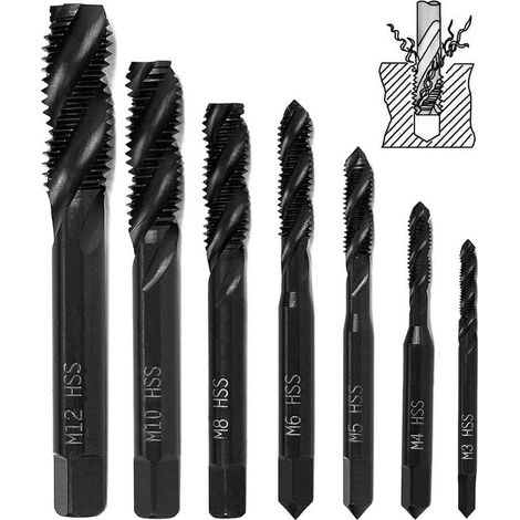 Juego de 7 machos de roscar helicoidales de nitruro, HSS 6542, vástago cónico para roscas métricas de máquinas, herramienta de roscado M3 M4 M5 M6 M8 M10 M12 para madera. (1/5)